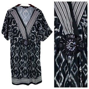 Caleaas XL 14 16 Dress Black White Diamond Boho Slinky Knit Art to Wear